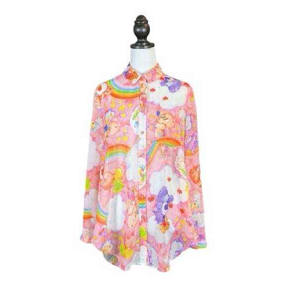 Iron Fist x Care Bears Pastel Pink Rainbow Sheer Open Back Long Sleeve Top L - Picture 2 of 8
